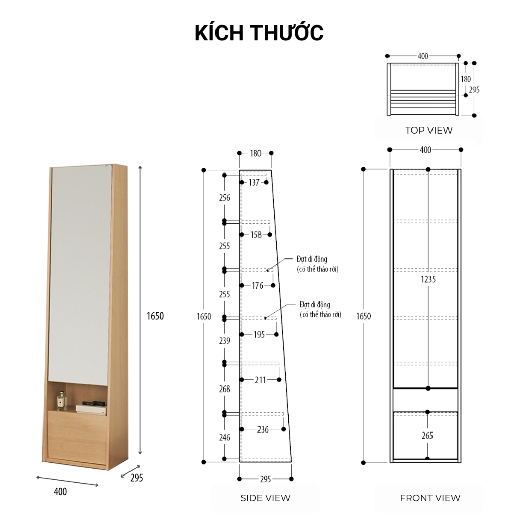 Tủ Trang Điểm Decor Có Gương Soi Toàn Thân Đứng Hack Dáng Đẹp, 2 Cánh Mở, Cao 165cm KEGODA KGD43 - Ảnh 5
