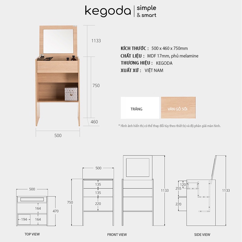 Bàn Trang Điểm Có Gương Gấp Gọn, Bàn Phấn Gỗ Kèm Ghế Nhỏ Gọn Thông Minh Dáng Simple KEGODA KGD08 - Ảnh 6