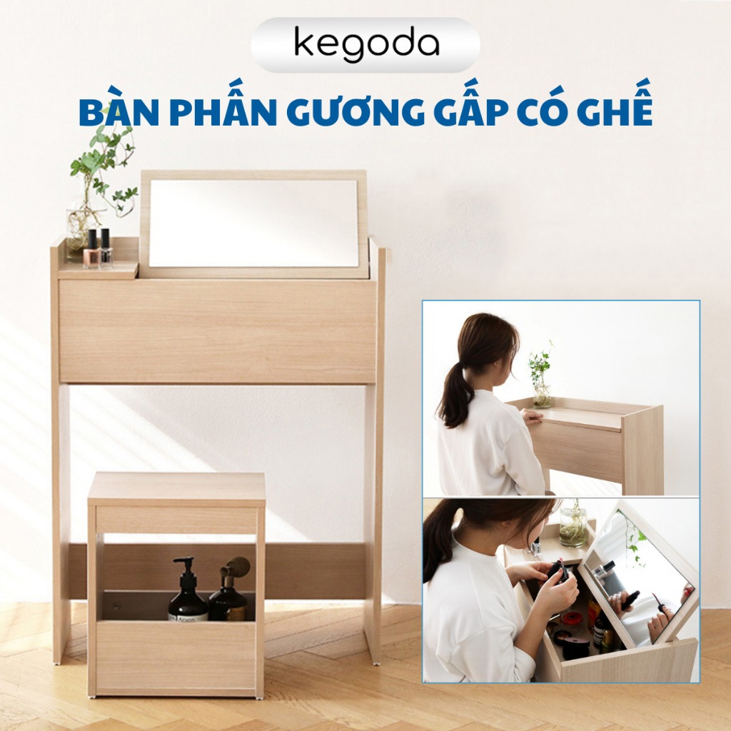 Bàn Phấn Trang Điểm Gương Gấp Gọn Có Kèm Ghế Đơn Giản, Bàn Makeup Gỗ Màu Oak/Trắng KEGODA KGD28 - Ảnh 2