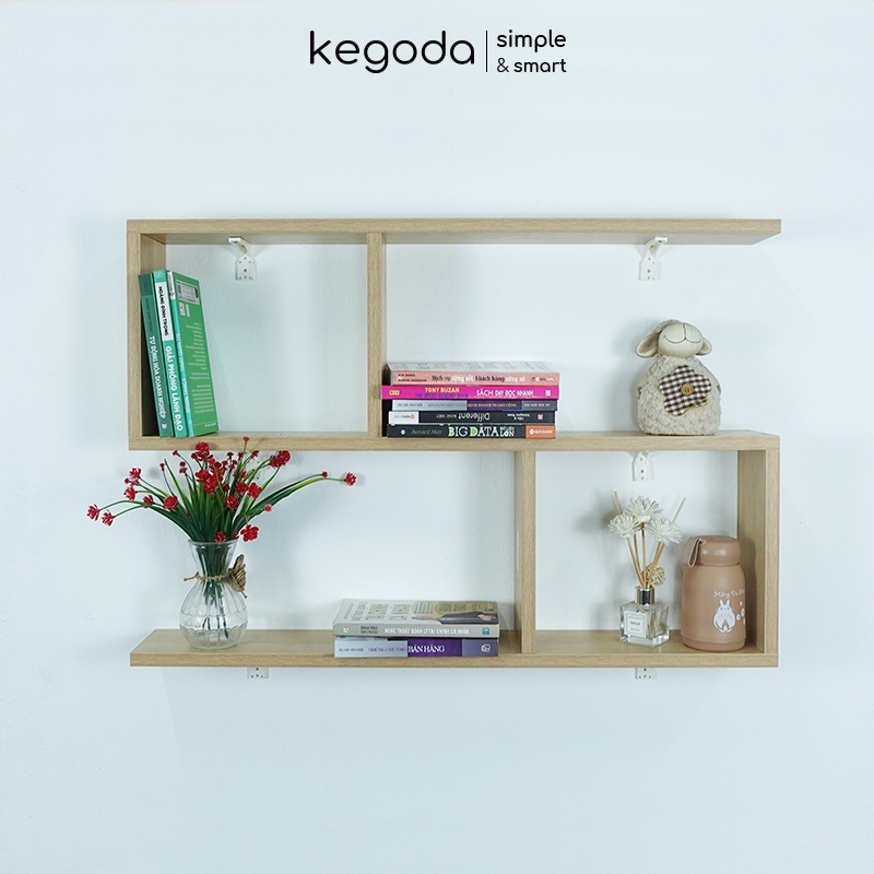 Kệ Sách Gỗ Trang Trí Treo Tường 3 Tầng KEGODA Dài 80cm, Không Cần Khoan, Tặng Kèm Phụ Kiện KT61